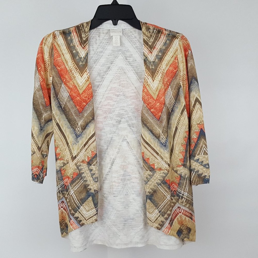 Chico's 0 (Women's Size 4) Open Front Cardigan Sweater Geometric Multicolor